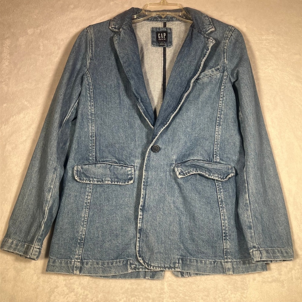 Gap Denim Blazer Womens Medium Indigo Blue Cotton Single Button Jacket Preppy